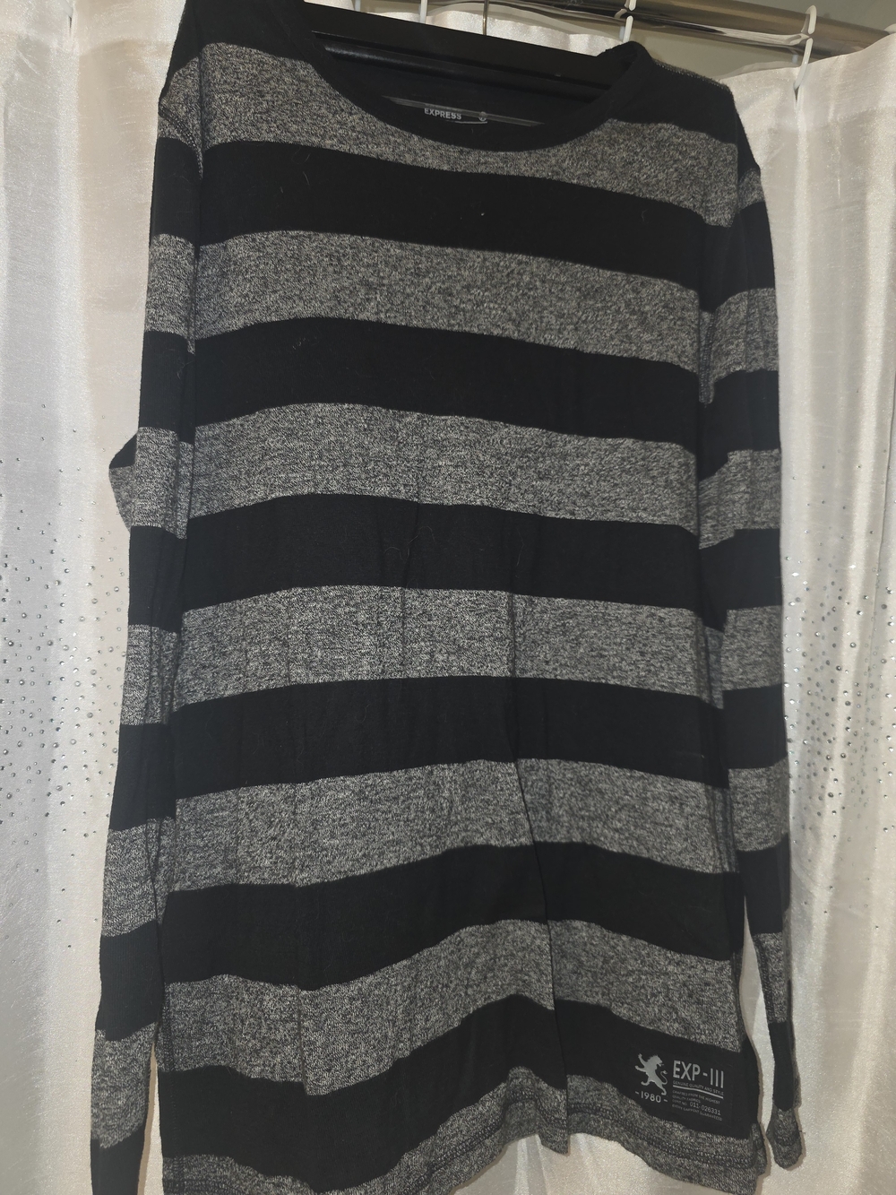Express Men’s Black and Gray Striped Crewneck Sweater